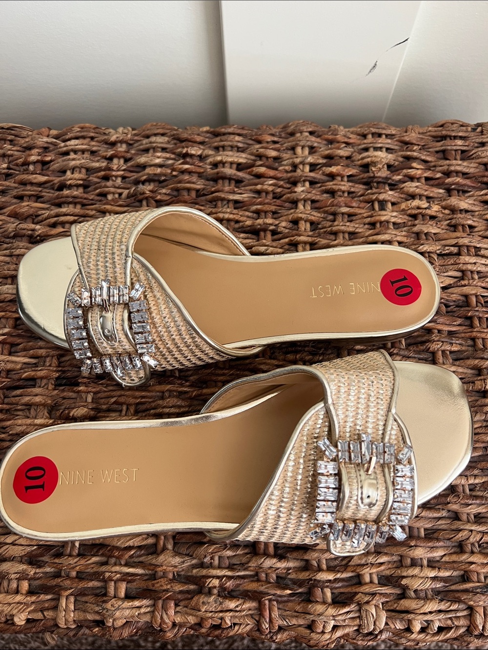 Nine West Gold Beige Slide Mules with Crystal Buckle